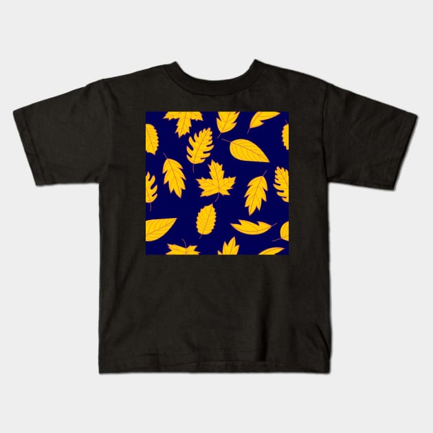 Leaves Pattern - Mustard and Red on Navy Kids T-Shirt by A2Gretchen